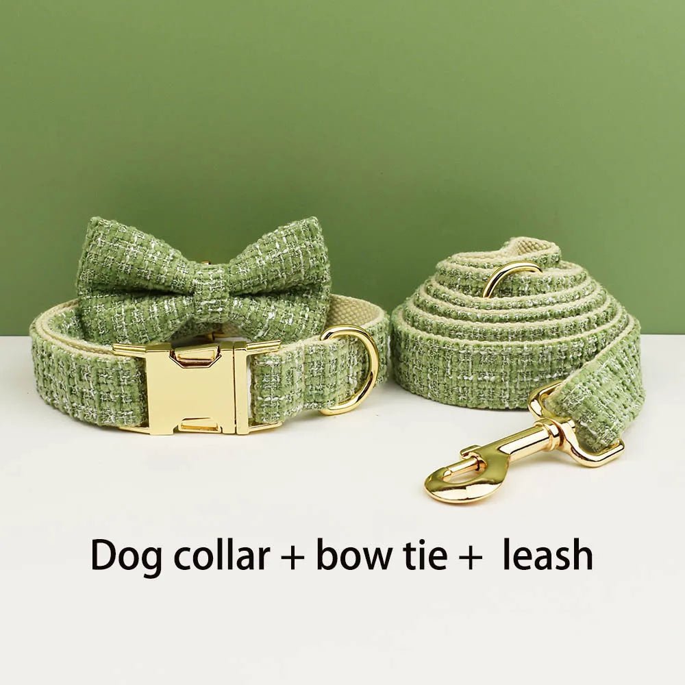 Petspuff Personalised Lime Green Dog Collar, Harness & Lead Set – Engraved Nameplate & Bow