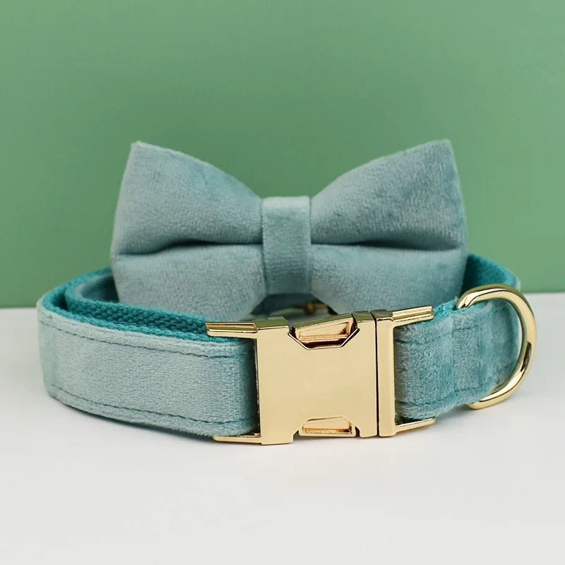 Petspuff Personalised Velvet Dog Collar with Gold Buckle, Bow Tie & Lead – Engraved Name Tag