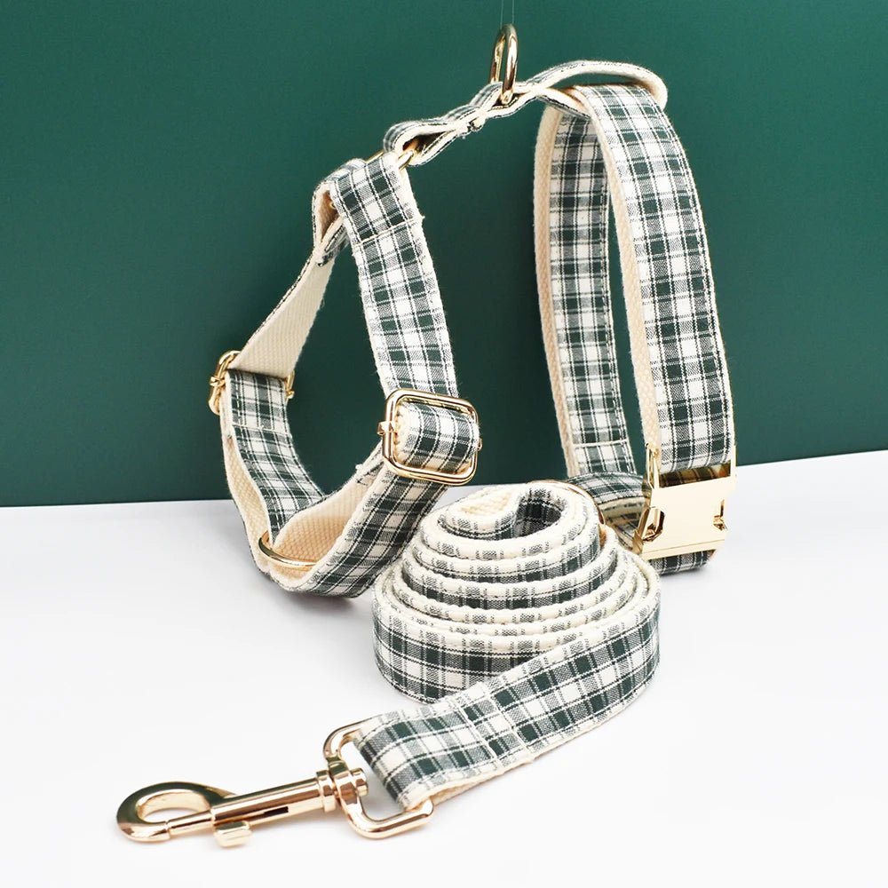 Petspuff Personalised Green Plaid Dog Collar, Harness & Lead Set – Engraved Name Tag & Bow - Petspuff