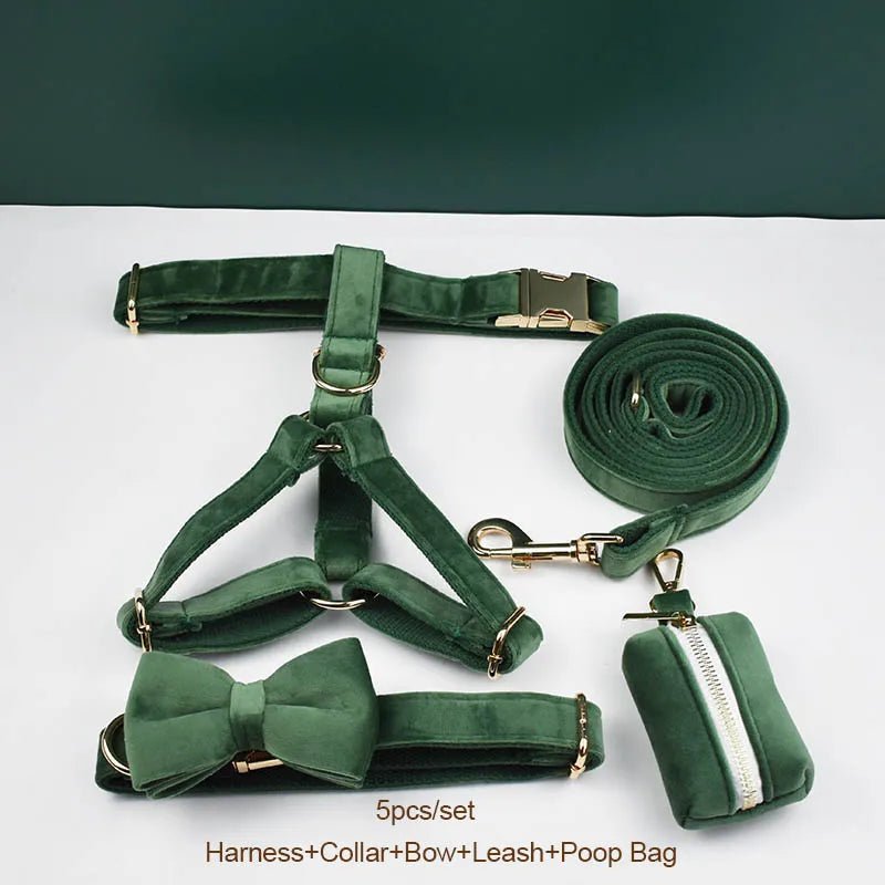 Petspuff Personalised Forest Green Velvet Dog Collar & Lead Set – Engraved Name Tag, Bow & Harness - Petspuff