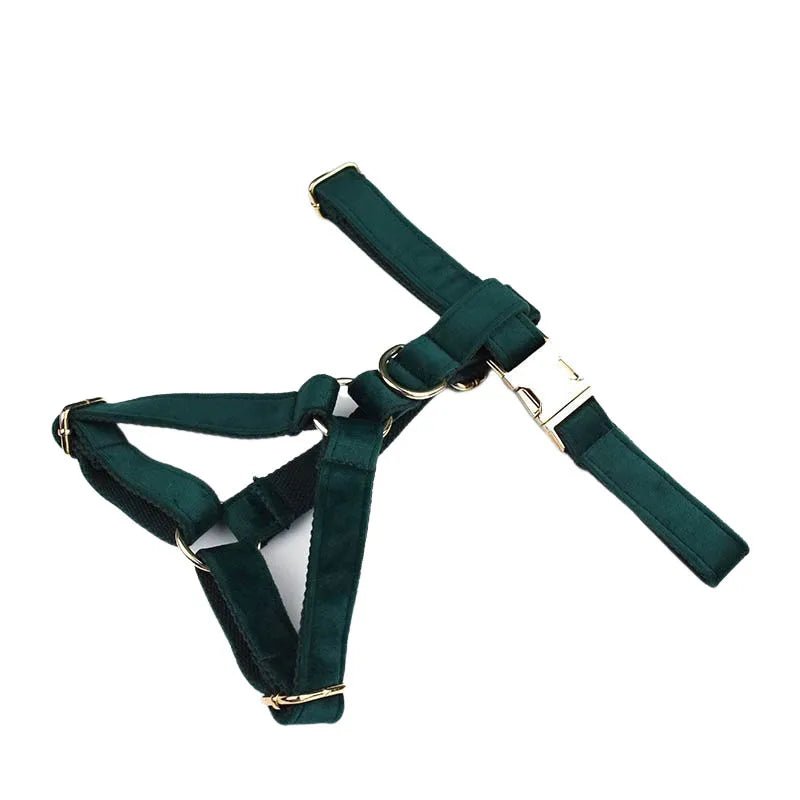 Petspuff Personalised Green Velvet Dog Collar & Lead Set – Engraved Name Tag, Bow & Harness - Petspuff