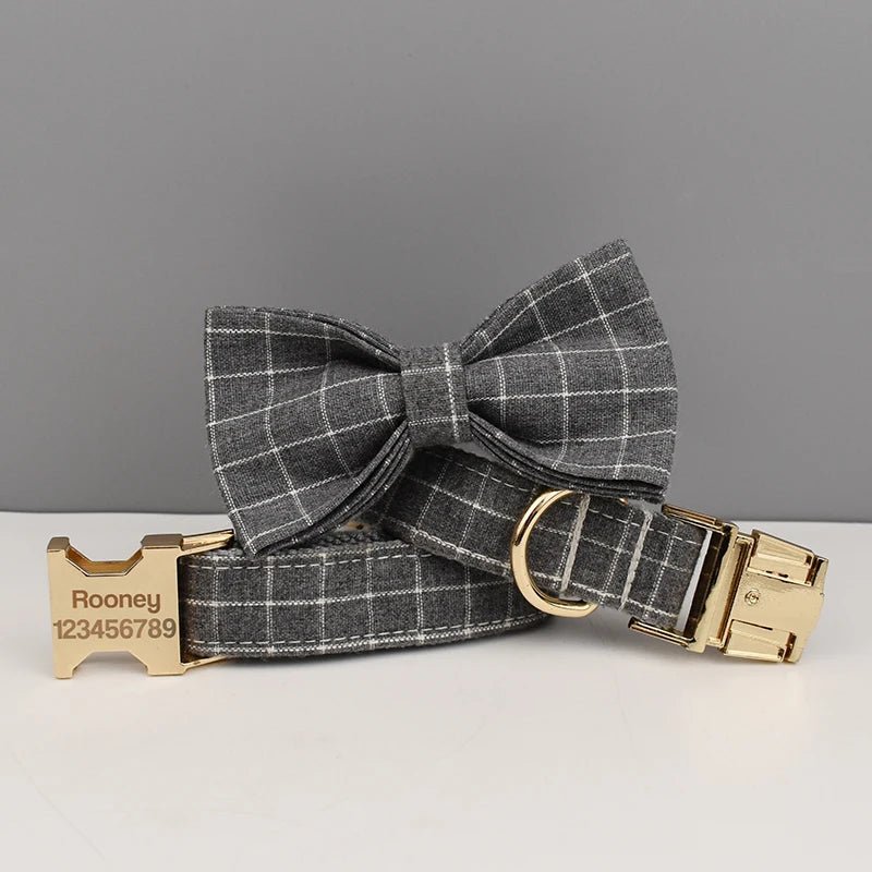 Petspuff Personalised Grey Check Dog Collar, Harness & Lead Set – Engraved Name Tag, Bow & Poop Bag Holder