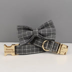 Petspuff Personalised Grey Check Dog Collar, Harness & Lead Set – Engraved Name Tag, Bow & Poop Bag Holder