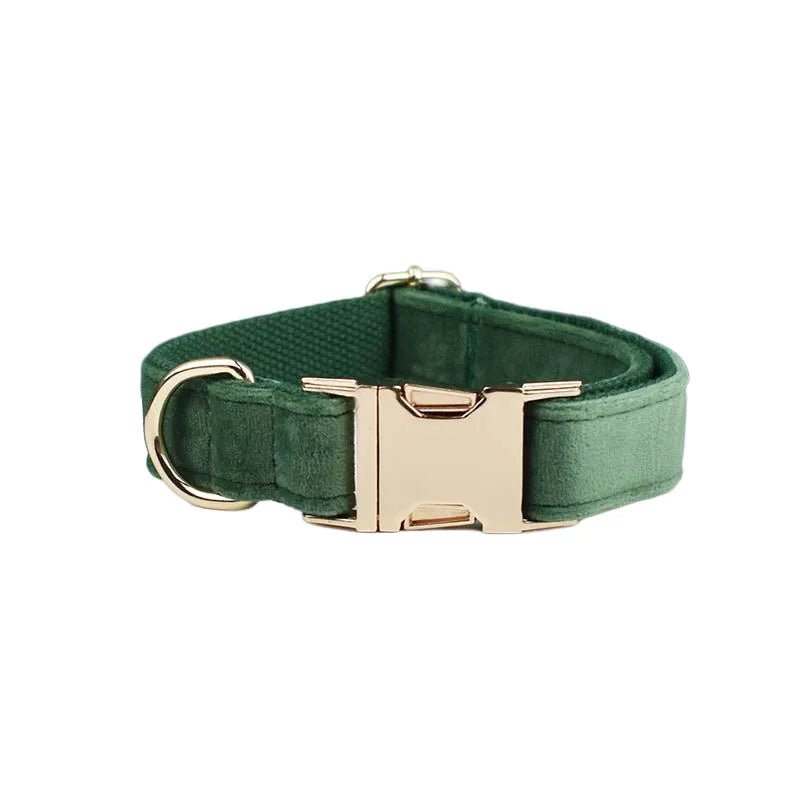 Petspuff Personalised Forest Green Velvet Dog Collar & Lead Set – Engraved Name Tag, Bow & Harness - Petspuff