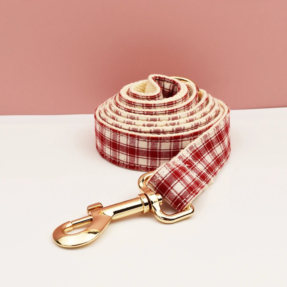 Petspuff Personalised Red Plaid Dog Collar, Harness & Lead Set – Engraved Name Tag & Bow | Christmas