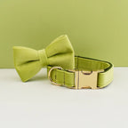 Petspuff Personalised Avocado Green Velvet Dog Collar & Lead Set – Engraved Name Tag, Bow & Harness - Petspuff