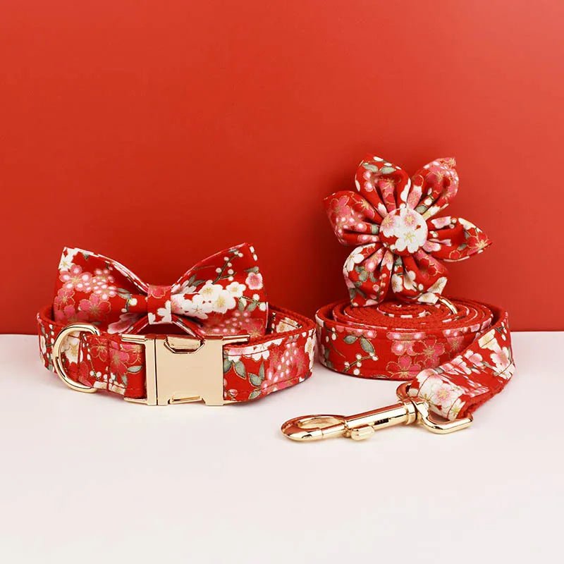 Petspuff Personalised Red Floral Cotton Dog Collar, Harness & Lead Set – Engraved Name Tag, Bow & Flower