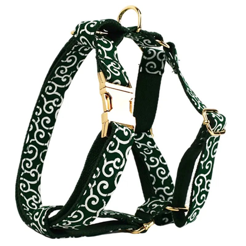 Petspuff Green Leaf Print Cotton Dog Collar, Harness & Lead Set with Bow – XS–XL