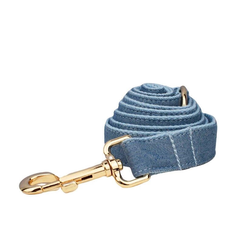 Petspuff Personalised Blue Denim Cotton Dog Collar, Harness & Lead Set – Engraved Name Tag & Bow