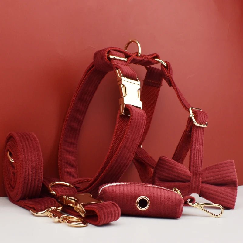 Petspuff Personalised Wine Red Corduroy Dog Collar & Lead Set – Engraved Name Tag, Bow & Harness