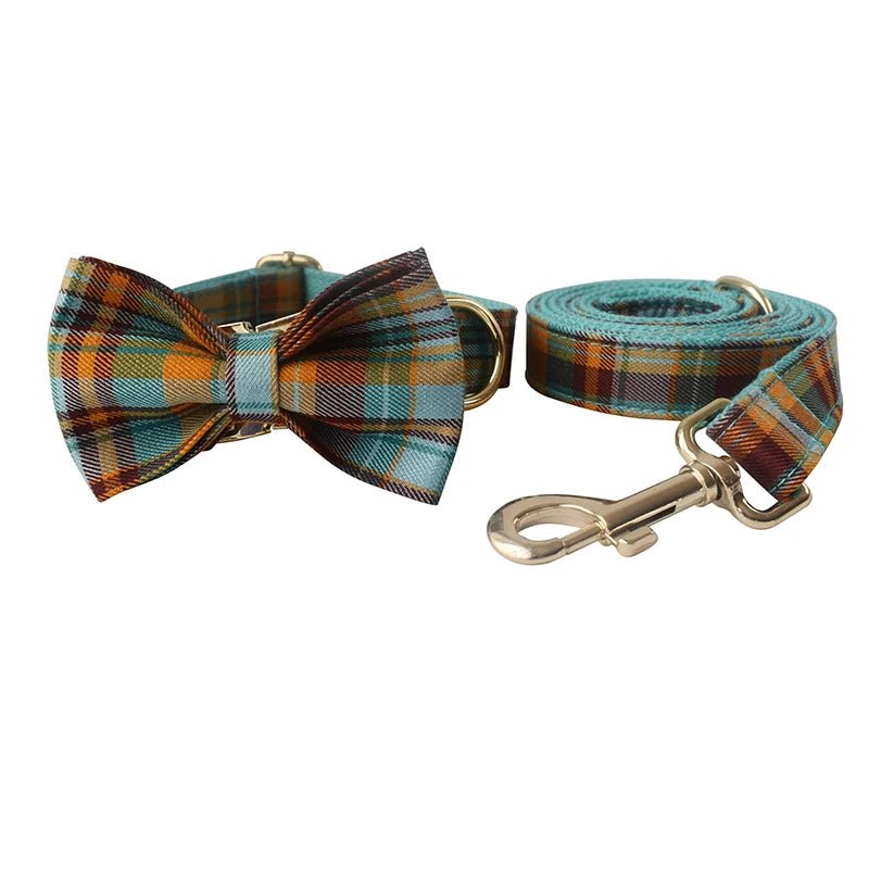 Petspuff Personalised Christmas Plaid Dog Collar & Lead Set – Engraved Name Tag & Bow Tie - Petspuff