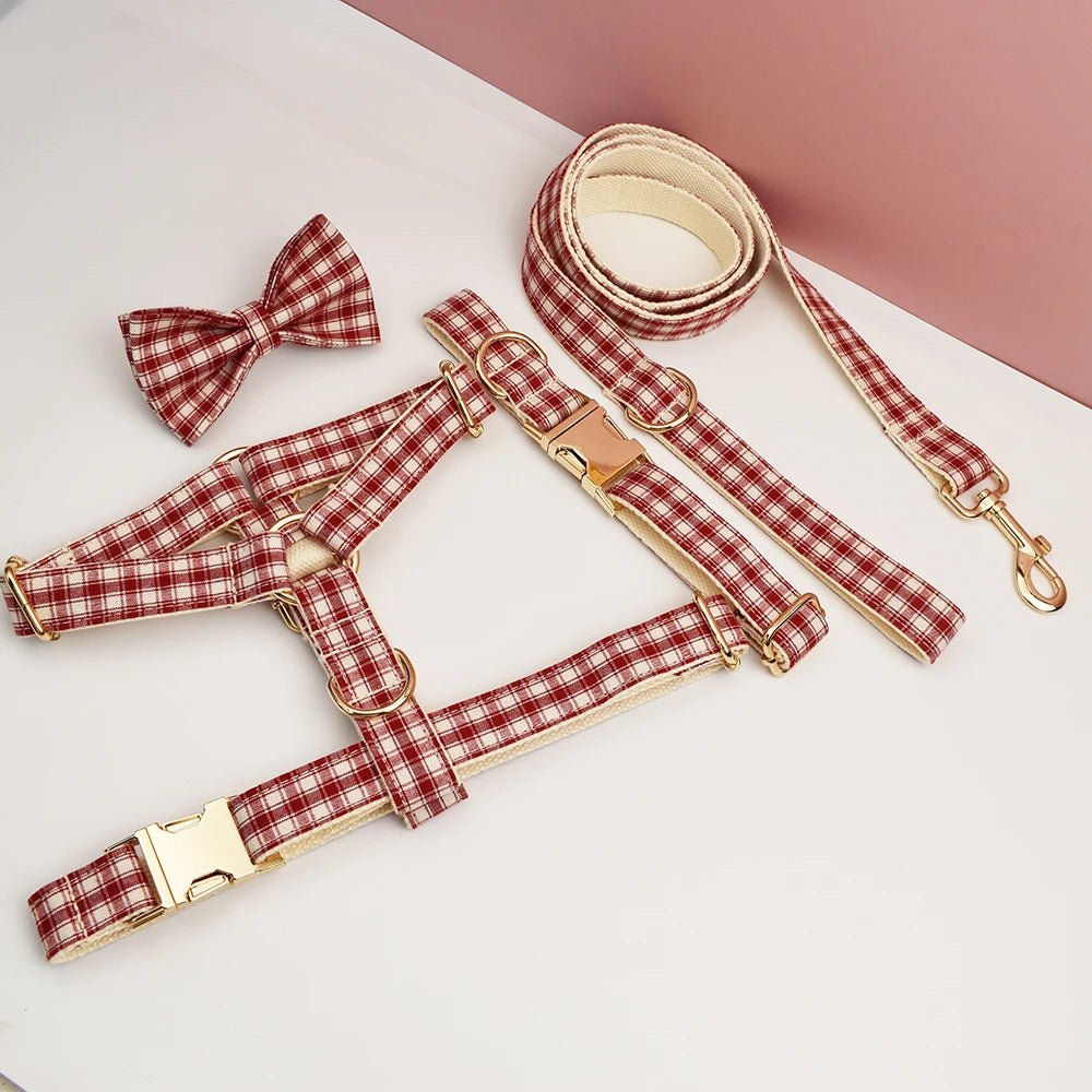 Petspuff Personalised Red Plaid Dog Collar, Harness & Lead Set – Engraved Name Tag & Bow | Christmas
