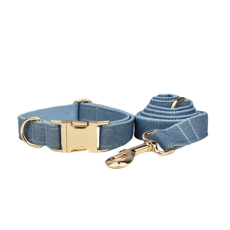Petspuff Personalised Blue Denim Cotton Dog Collar, Harness & Lead Set – Engraved Name Tag & Bow