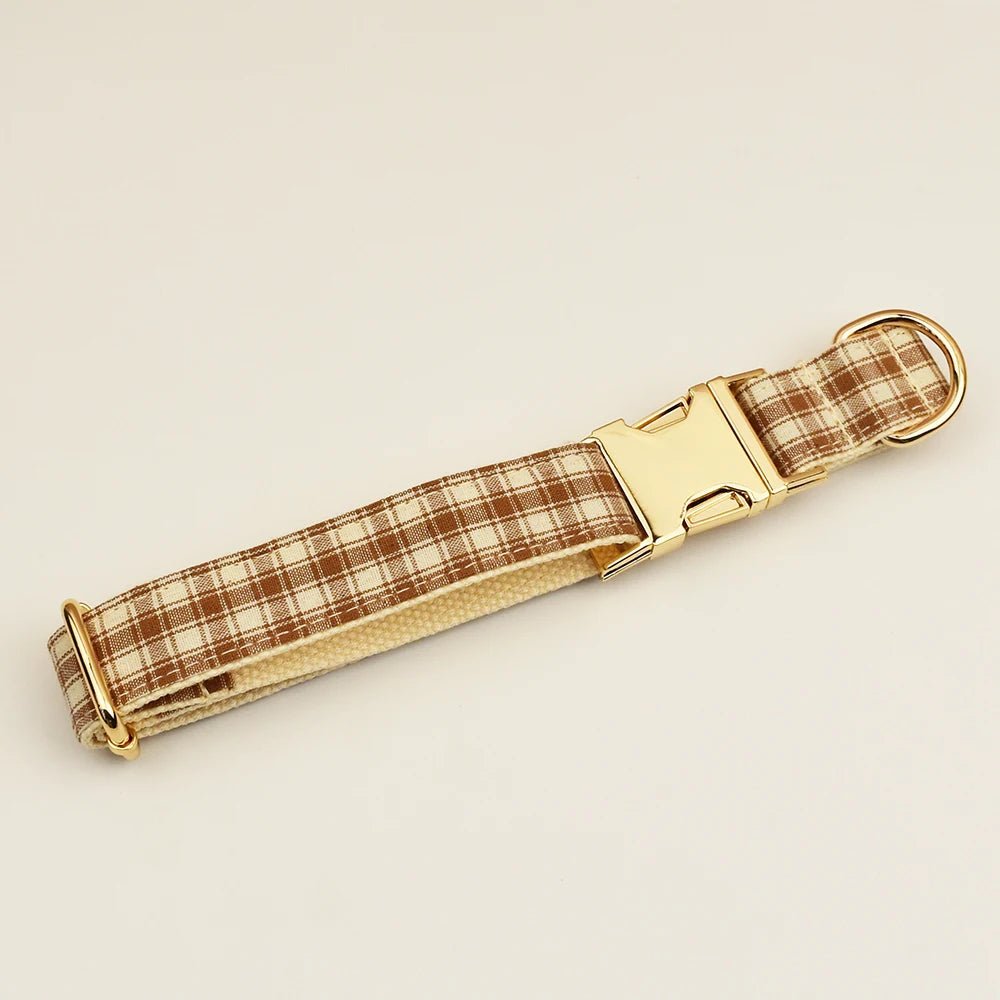 Petspuff Personalised Plaid Dog Collar, Harness & Lead Set – Engraved Nameplate & Bow | XS–XL