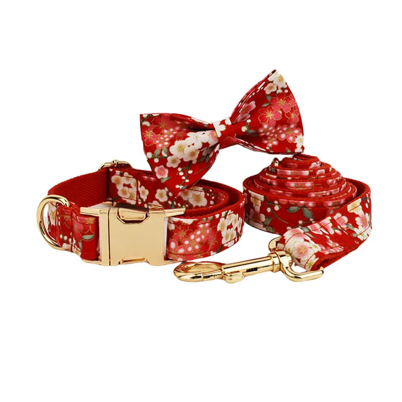 Petspuff Personalised Red Floral Cotton Dog Collar, Harness & Lead Set – Engraved Name Tag, Bow & Flower