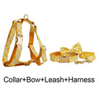 Petspuff Personalised Banana Print Dog Collar, Harness & Lead Set – Engraved Name Tag & Bow