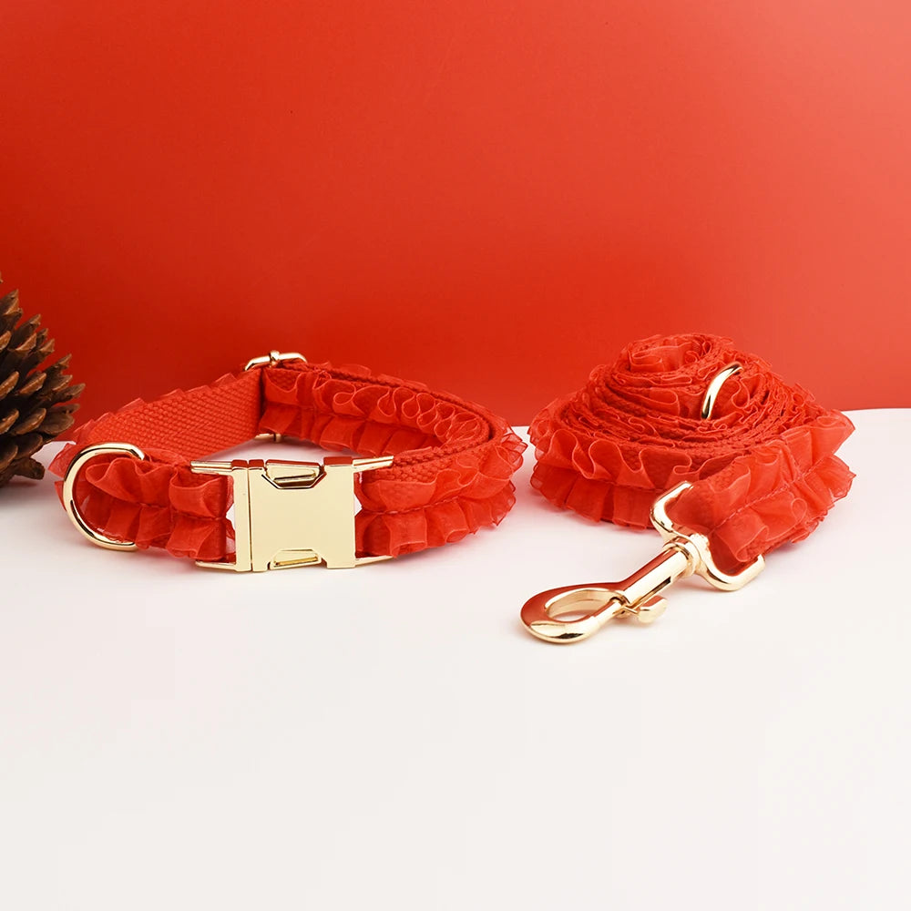 Petspuff Personalised Red Lace Wedding Dog Collar, Harness & Lead – Engraved Nameplate | 3-Piece Set