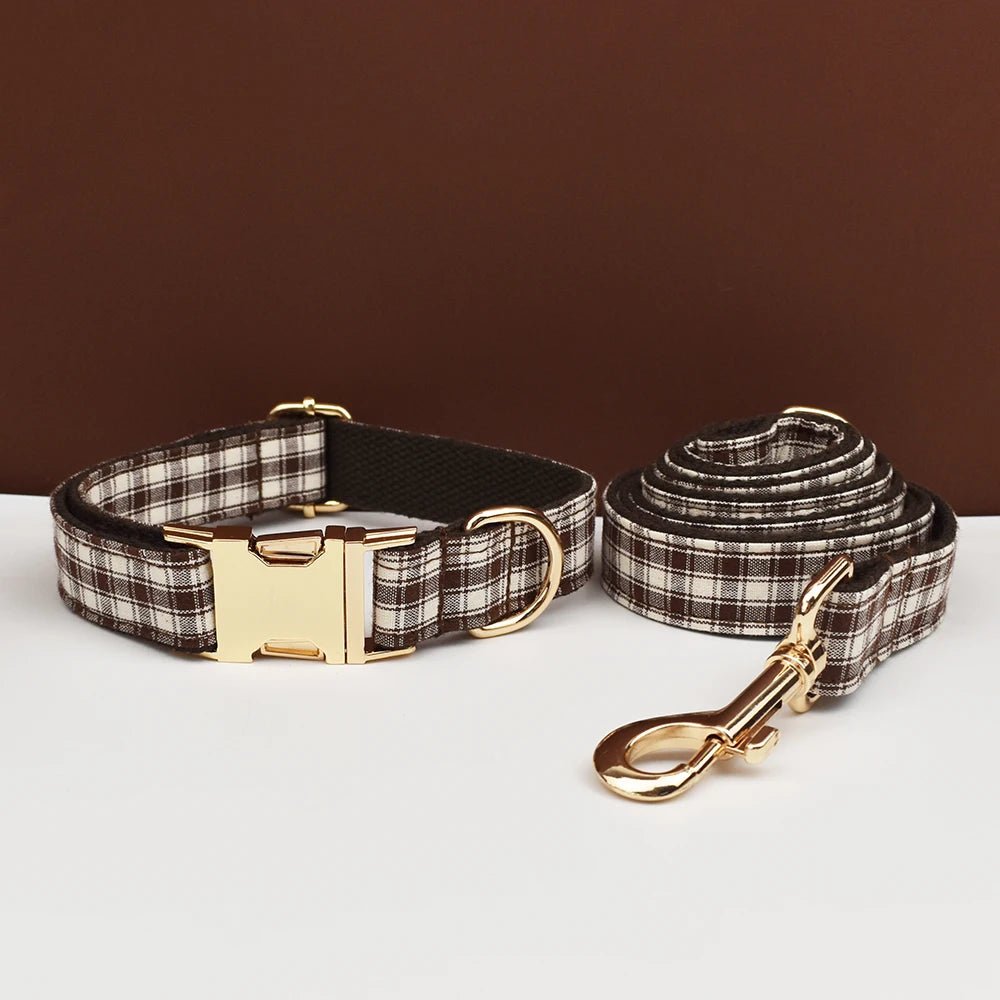 Petspuff Personalised Coffee Plaid Dog Collar, Harness & Lead Set – Engraved Name Tag & Bow