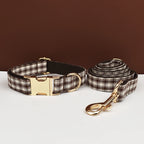 Petspuff Personalised Coffee Plaid Dog Collar, Harness & Lead Set – Engraved Name Tag & Bow