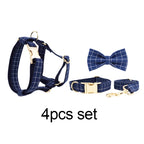 Petspuff Personalised Navy Check Dog Collar & Lead Set – Engraved Name Tag, Bow & Harness