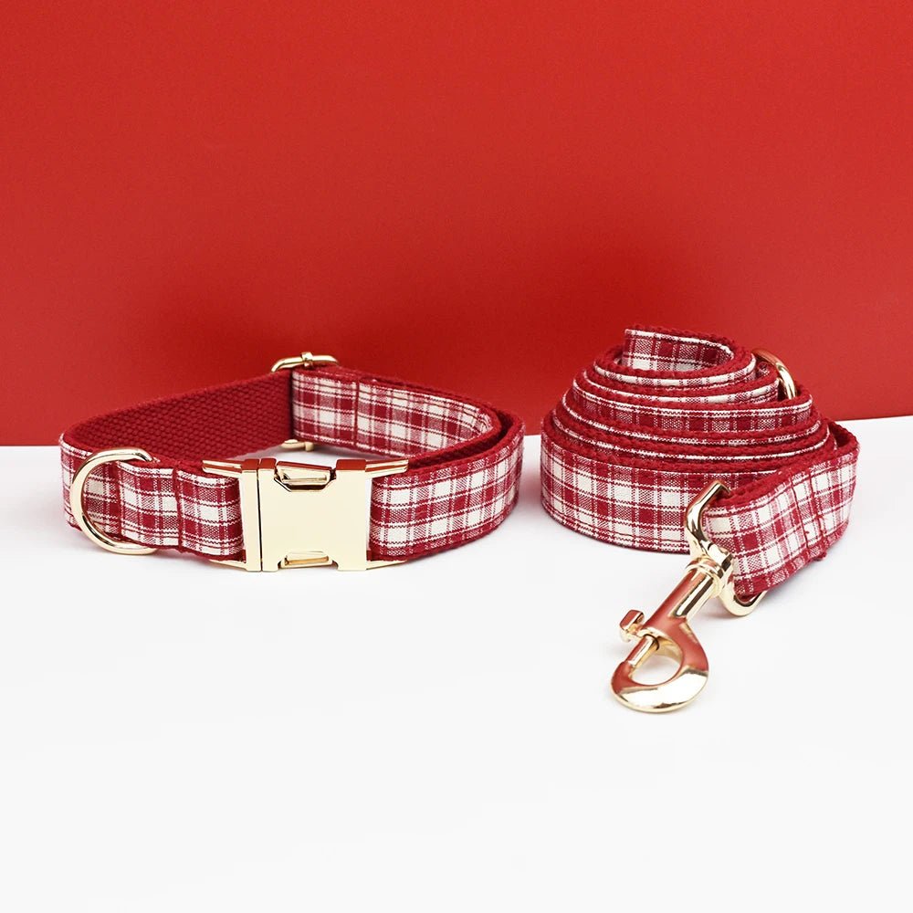 Petspuff Personalised Red Plaid Dog Collar, Harness & Lead Set – Engraved Name Tag & Bow | Style 28