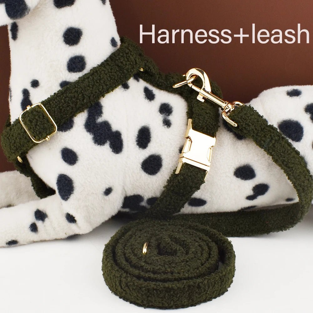 Petspuff Personalised Teddy Fleece Dog Collar & Lead Set – Engraved Name Tag, Harness | 4 Colours - Petspuff