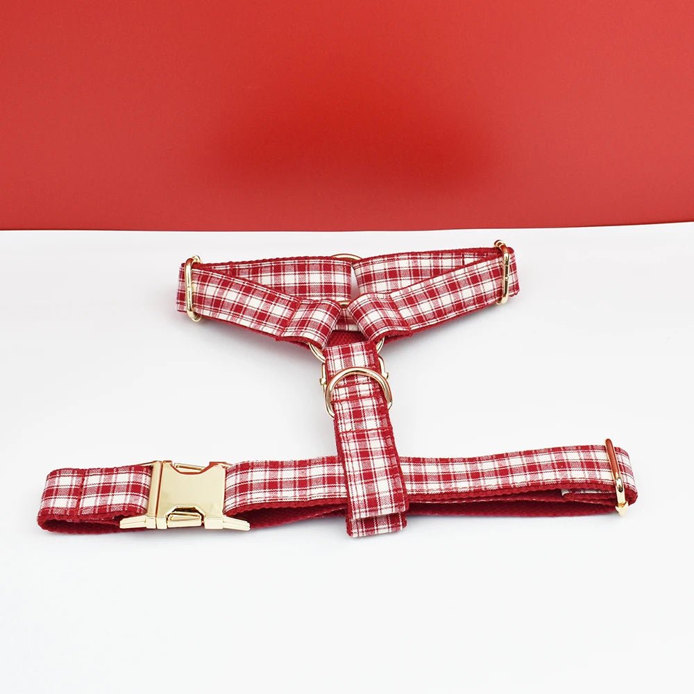 Petspuff Personalised Red Plaid Dog Collar, Harness & Lead Set – Engraved Name Tag & Bow | Style 28