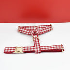 Petspuff Personalised Red Plaid Dog Collar, Harness & Lead Set – Engraved Name Tag & Bow | Style 28