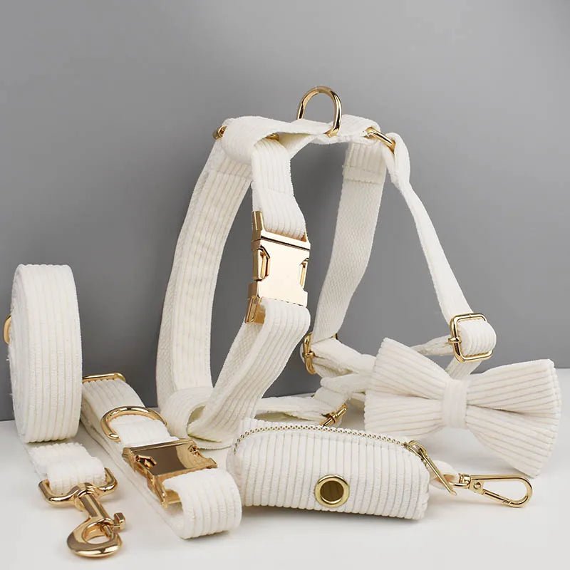 Petspuff Personalised White Corduroy Dog Collar & Lead Set – Engraved Name Tag, Bow & Harness