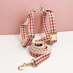 Petspuff Personalised Red Plaid Dog Collar, Harness & Lead Set – Engraved Name Tag & Bow | Christmas