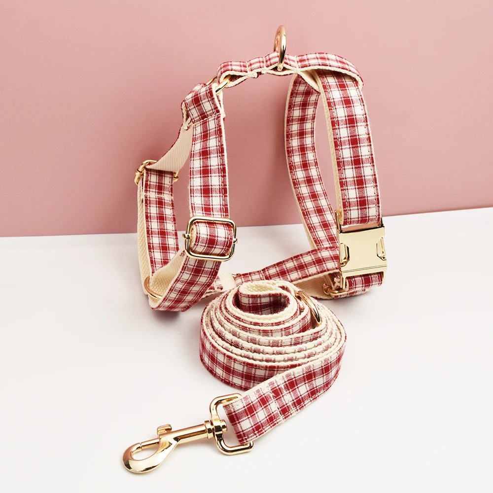 Petspuff Personalised Red Plaid Dog Collar, Harness & Lead Set – Engraved Name Tag & Bow | Christmas