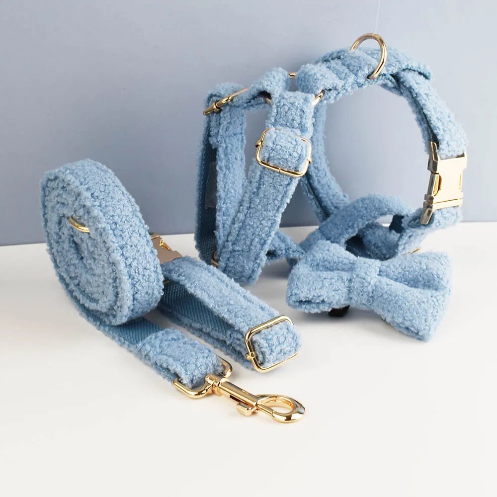 Petspuff Personalised Teddy Fleece Dog Collar, Harness & Lead Set – Engraved Name Tag & Bow - Petspuff