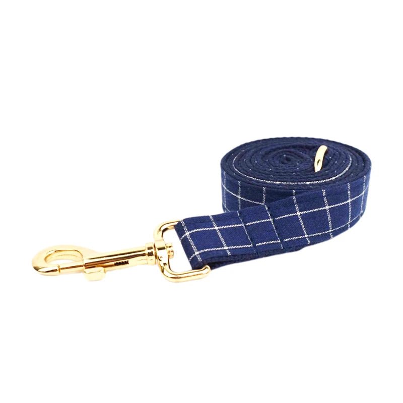 Petspuff Personalised Navy Check Dog Collar & Lead Set – Engraved Name Tag, Bow & Harness
