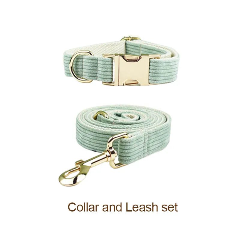Petspuff Personalised Light Green Corduroy Dog Collar & Lead Set – Engraved Name Tag, Bow & Harness