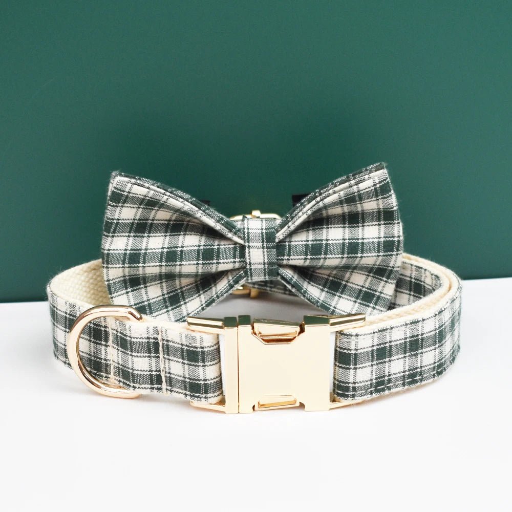Petspuff Personalised Green Plaid Dog Collar, Harness & Lead Set – Engraved Name Tag & Bow - Petspuff