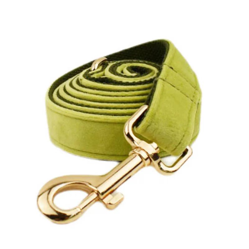 Petspuff Personalised Avocado Green Velvet Dog Collar & Lead Set – Engraved Name Tag, Bow & Harness - Petspuff