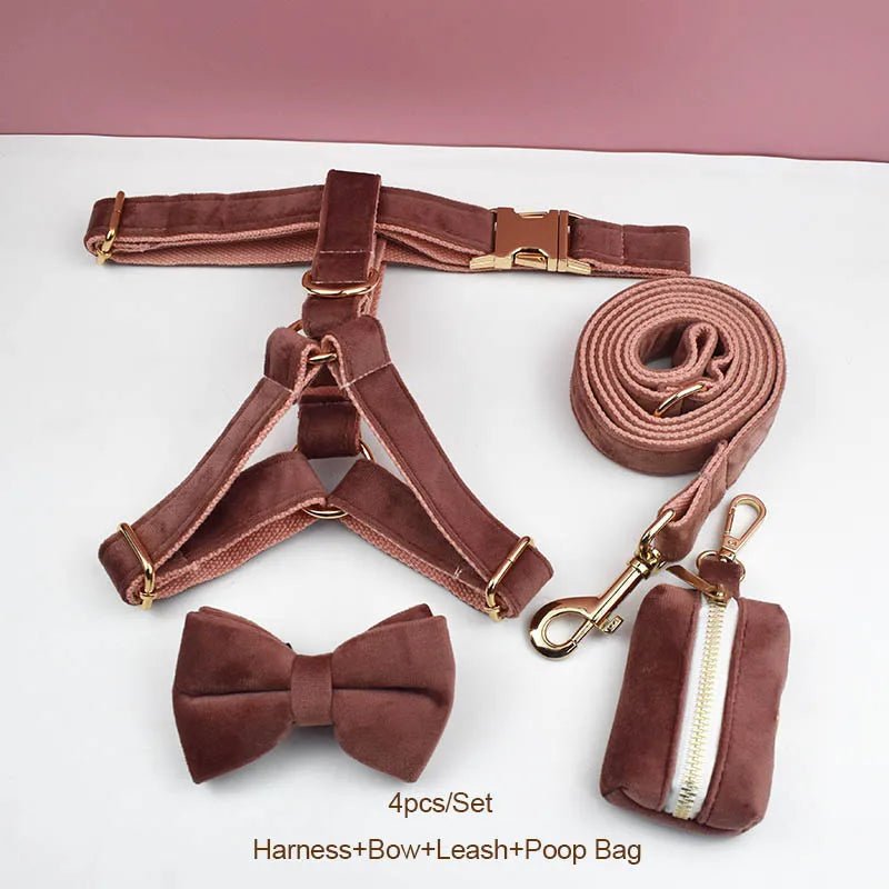 Petspuff Personalised Dusty Pink Velvet Dog Collar & Lead Set – Engraved Name Tag, Bow & Harness