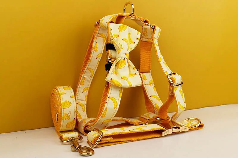 Petspuff Personalised Banana Print Dog Collar, Harness & Lead Set – Engraved Name Tag & Bow