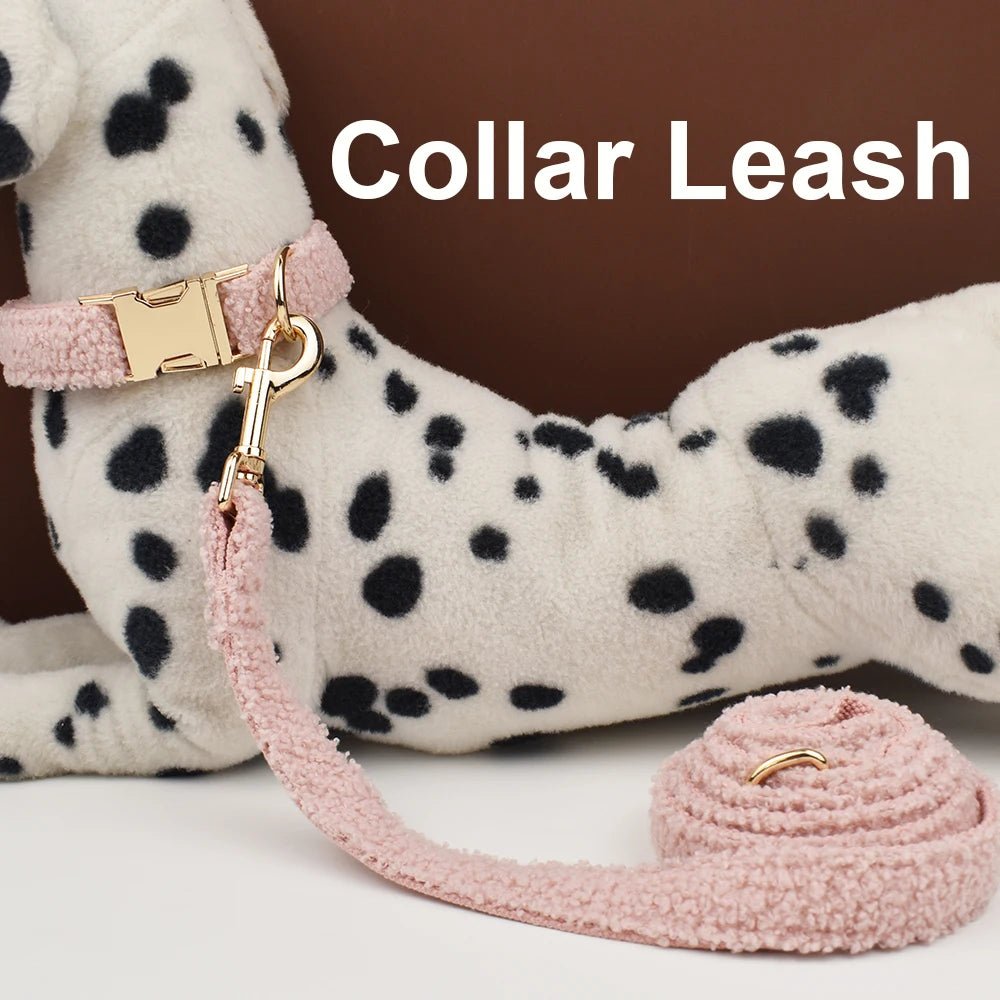 Petspuff Personalised Teddy Fleece Dog Collar & Lead Set – Engraved Name Tag, Harness | 4 Colours - Petspuff