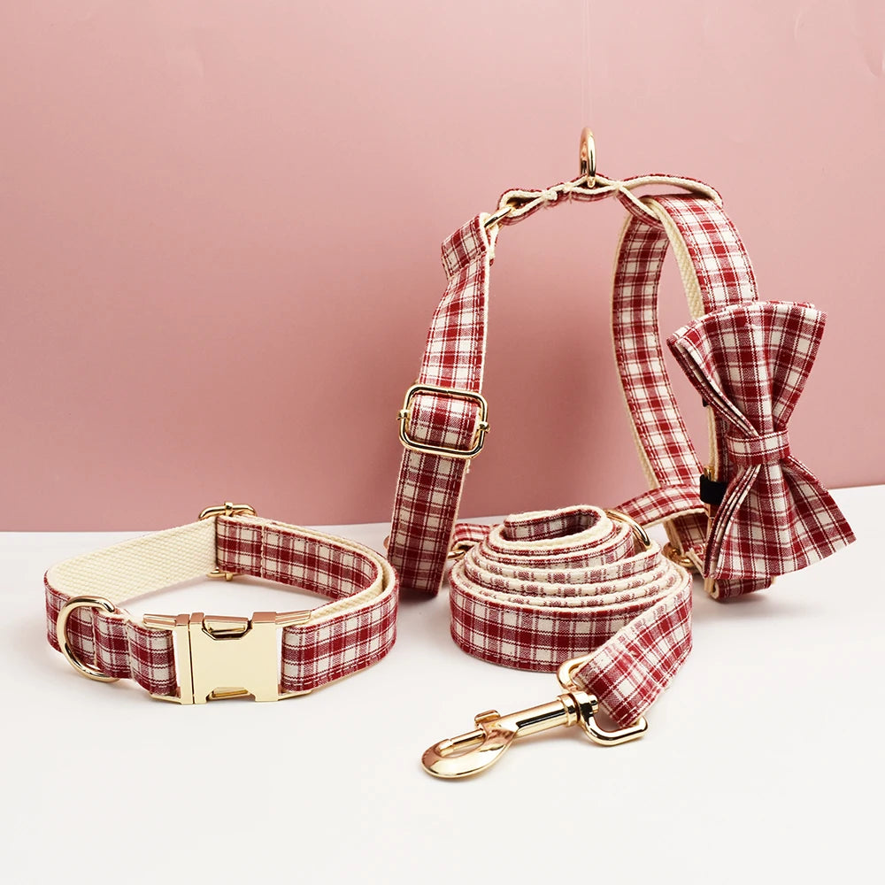 Petspuff Personalised Red Plaid Dog Collar, Harness & Lead Set – Engraved Name Tag & Bow | Christmas