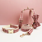 Petspuff Personalised Red Plaid Dog Collar, Harness & Lead Set – Engraved Name Tag & Bow | Christmas