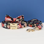 Petspuff Personalised Floral Cotton Dog Collar, Harness & Lead Set – Engraved Name Tag & Bow | Style 03