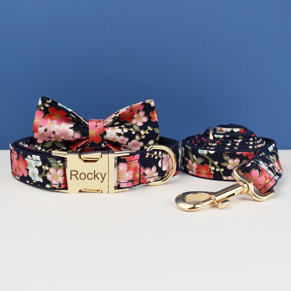 Petspuff Personalised Floral Cotton Dog Collar, Harness & Lead Set – Engraved Name Tag & Bow | Style 03