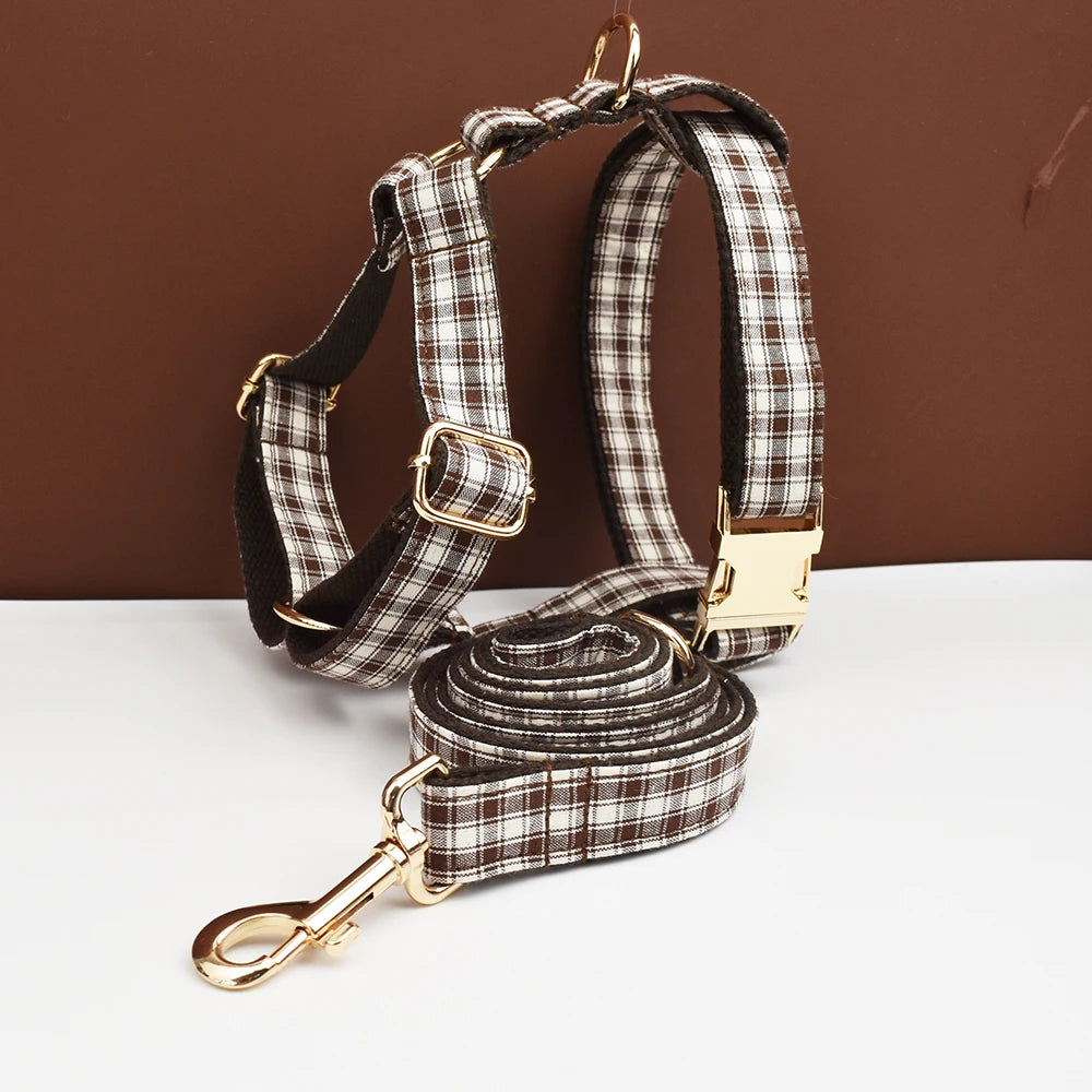Petspuff Personalised Coffee Plaid Dog Collar, Harness & Lead Set – Engraved Name Tag & Bow