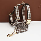 Petspuff Personalised Coffee Plaid Dog Collar, Harness & Lead Set – Engraved Name Tag & Bow