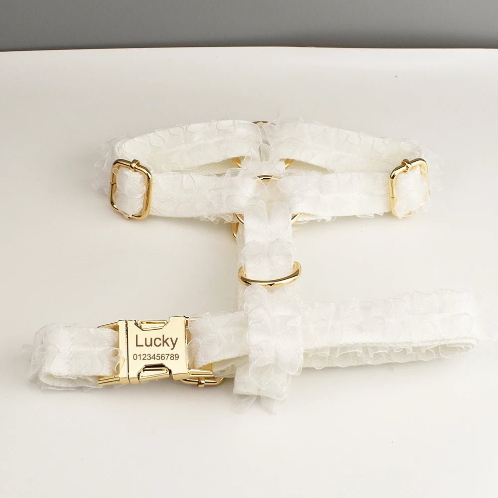 Petspuff Personalised White Lace Dog Collar, Harness & Lead – Engraved Name Tag | Wedding Dog