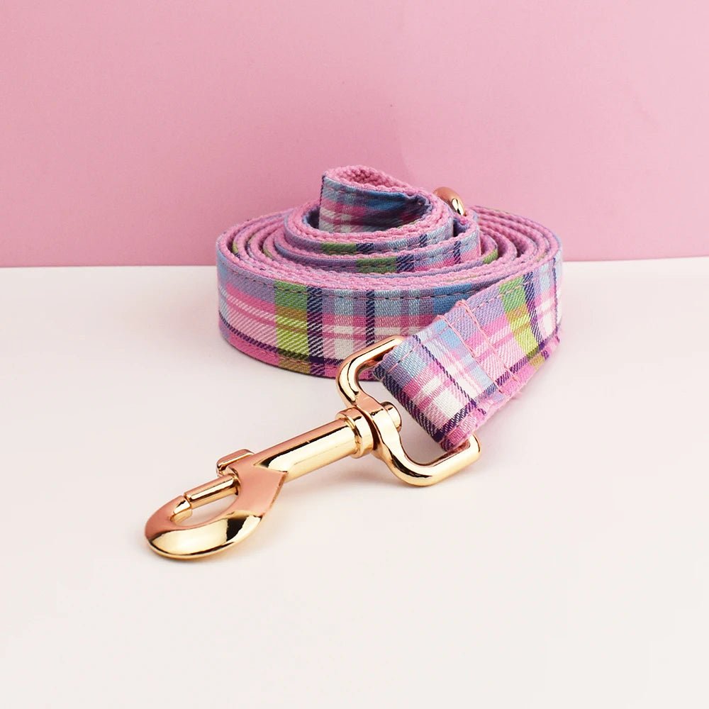 Petspuff Personalised Plaid Dog Collar, Harness & Lead Set – Engraved Name Tag & Bow - Petspuff