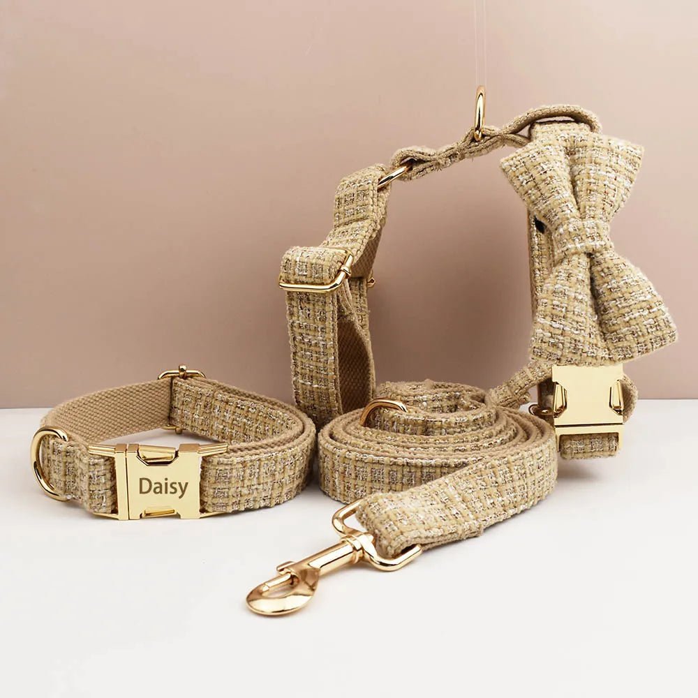 Petspuff Personalised Light Khaki Dog Collar, Harness & Lead Set – Engraved Nameplate & Bow