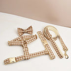 Petspuff Personalised Plaid Dog Collar, Harness & Lead Set – Engraved Nameplate & Bow | XS–XL