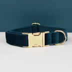 Petspuff Personalised Velvet Dog Collar with Gold Buckle, Bow Tie & Lead – Engraved Name Tag
